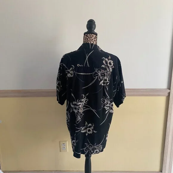 Geoffrey Beene Men's Navy Tan Silk Blend Floral Hawaiian Shirt Size M - Picture 2 of 3